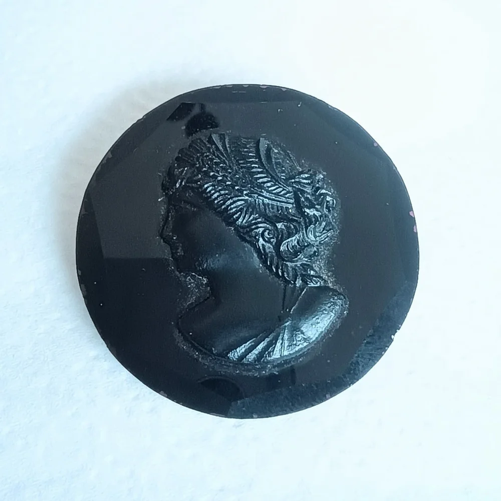 Antique All Original Edwardian Black Celluloid & Glass Cameo Brooch Mourning